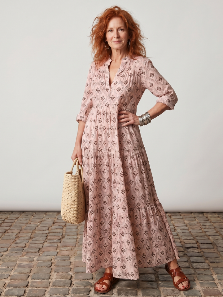 Junia | Notch Neck Printed Long Sleeve Maxi Dress
