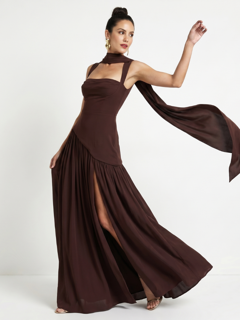 Bindi | Cutout Neck Pleated Slit Maxi Dress