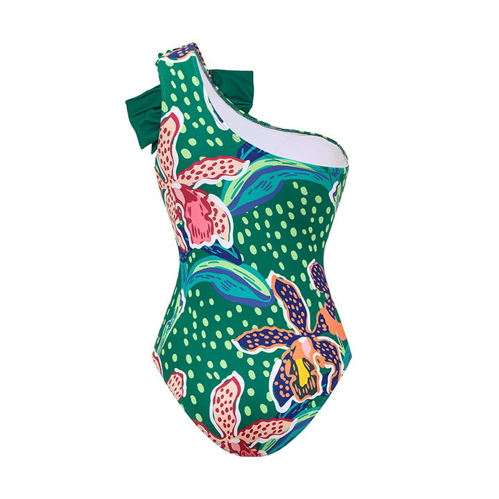 Tropic Printed One Shoulder One Piece Swimsuit and sarong