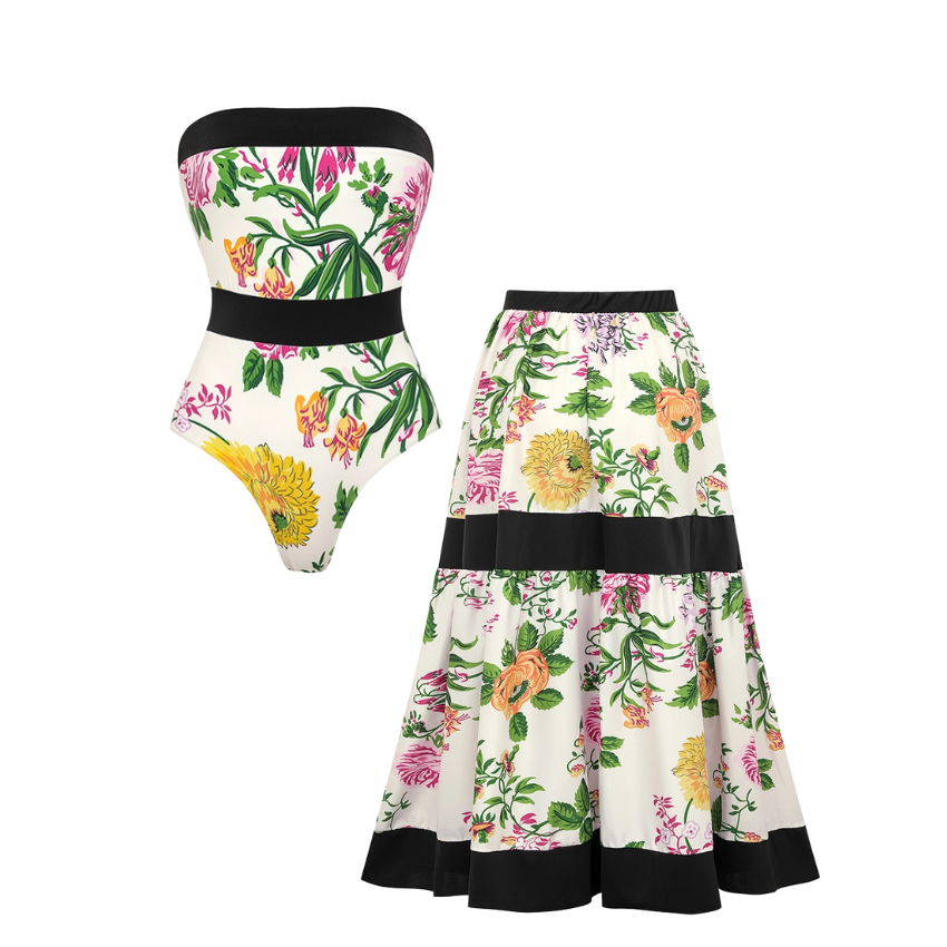 Off Shoulder Back Bow Tie Color Block Printed One Piece Swimsuit and Skirt