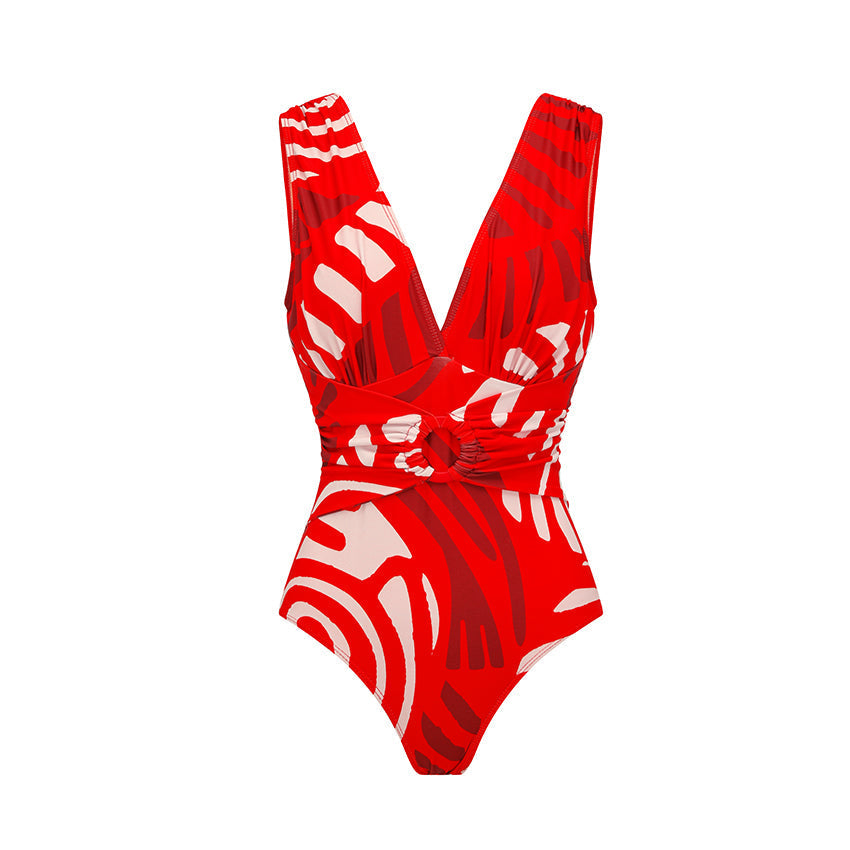 V Neck Red Ring Decorate Printed Swimsuit Set(s)