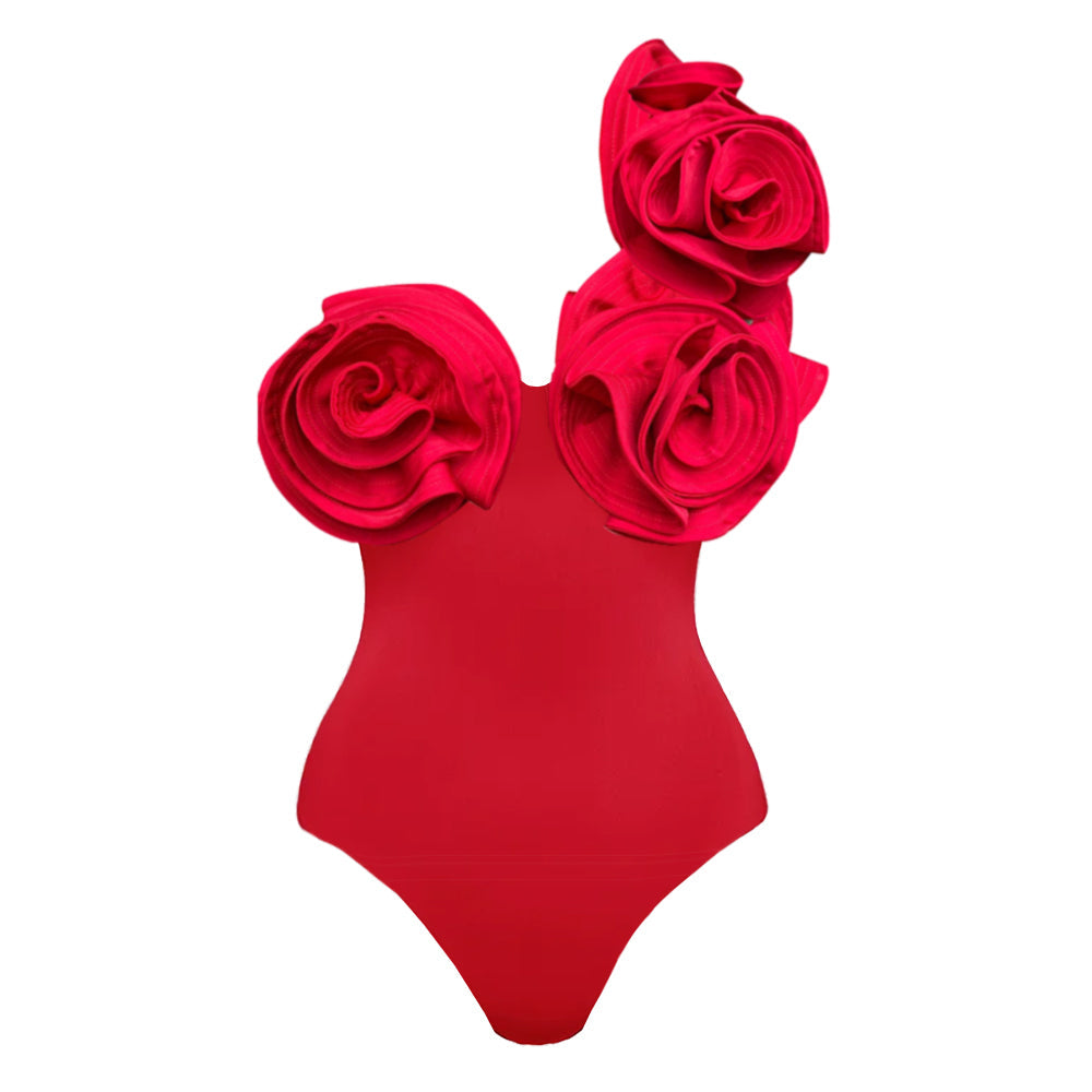 3D Flowers One Shoulder Red One Piece Swimsuit and Draped Mini Skirt