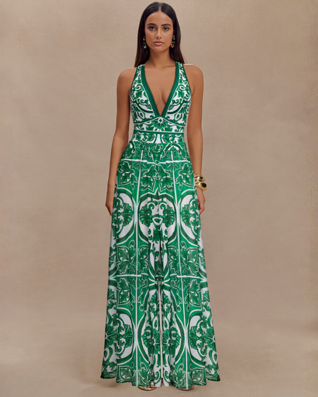 V Neck Classic Majolica Series Pattern Print One Piece Swimsuit and Pants or Skirt