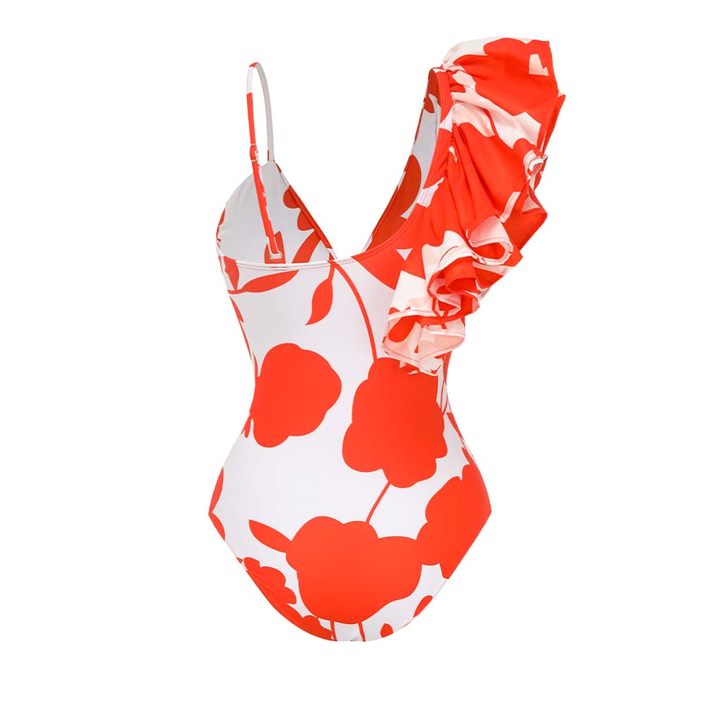 One Shoulder Ruffle Printed One Piece Swimsuit and Skirt
