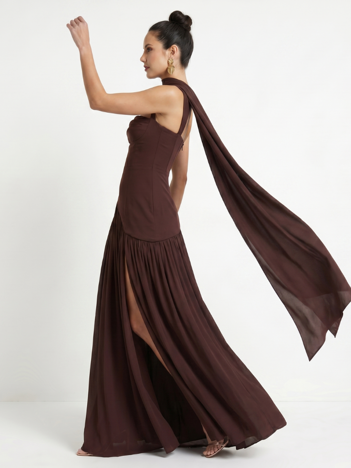 Bindi | Cutout Neck Pleated Slit Maxi Dress