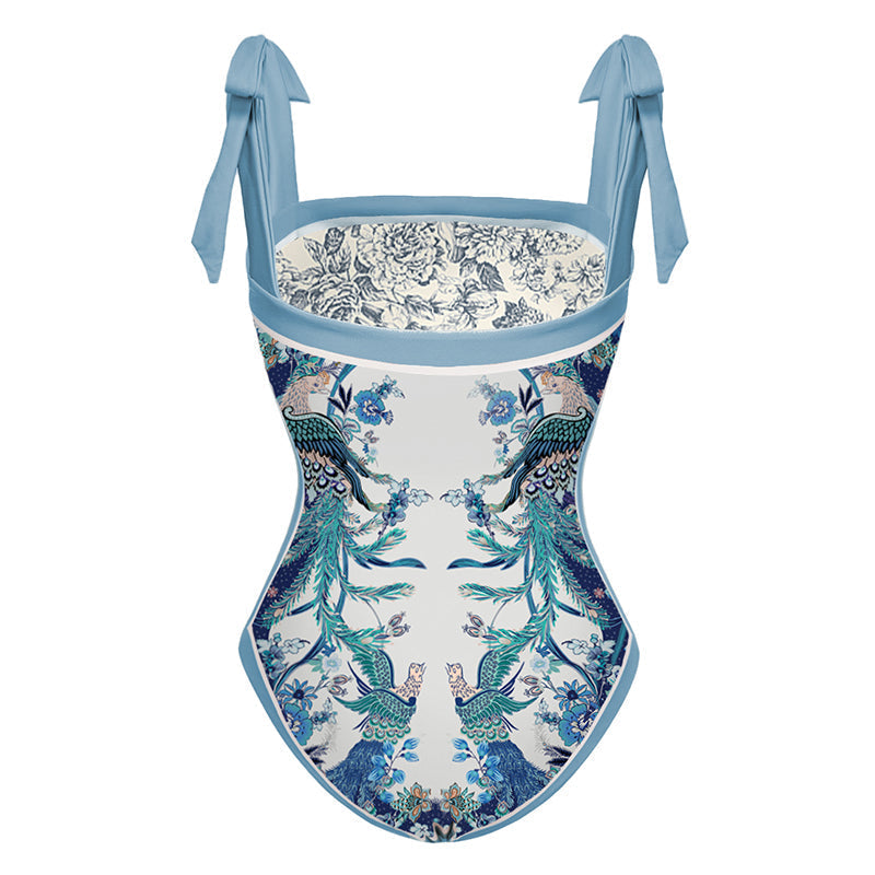 Blue Reversible Bowknot Tie-shoulder One Piece Swimsuit and sarong/Skirt