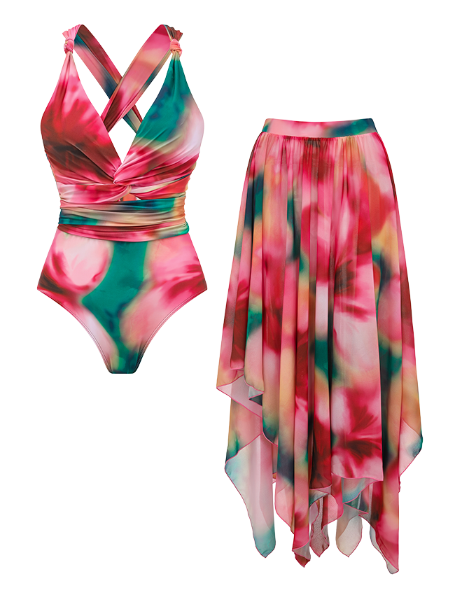 V-neck Plant-based Printing Swimsuit Set(s)