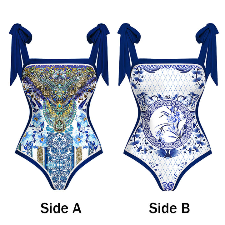 Reversible Tie-shoulder One Piece Swimsuit and sarong
