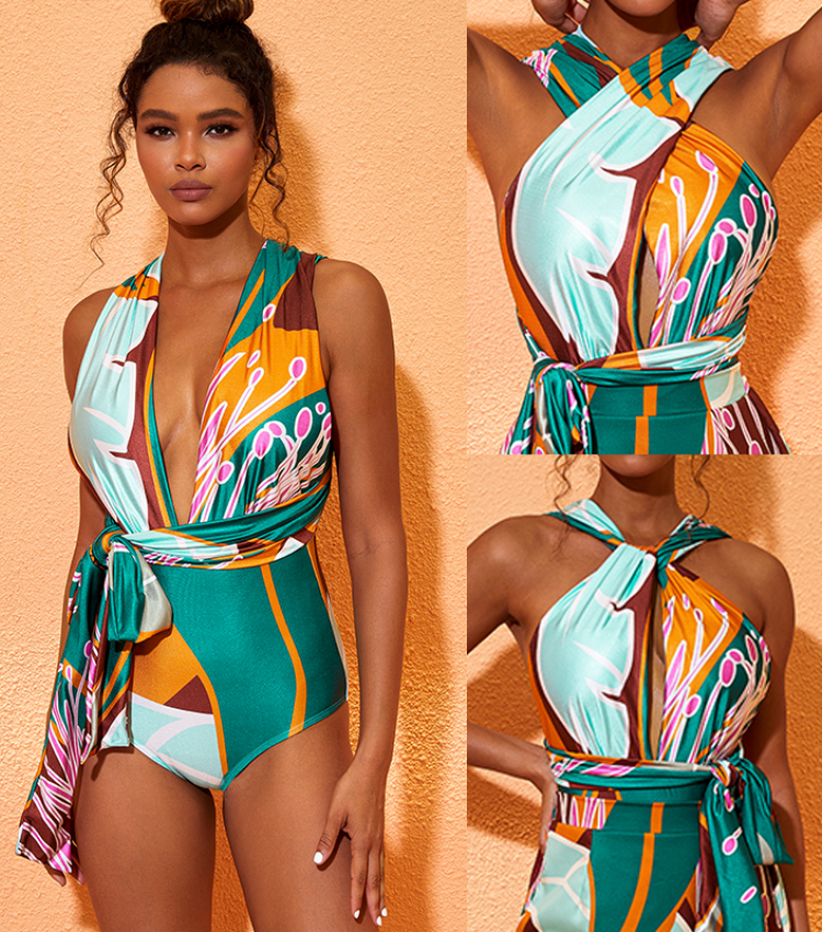 Halter Printed One Piece Swimsuit and Skirt
