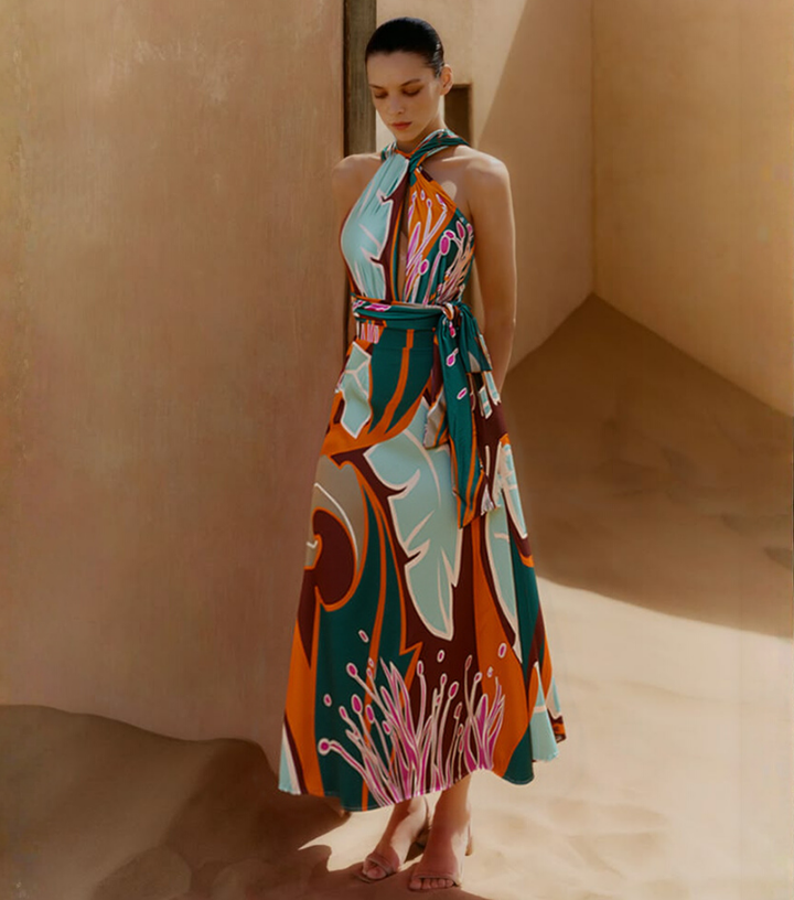 Halter Printed One Piece Swimsuit and Skirt