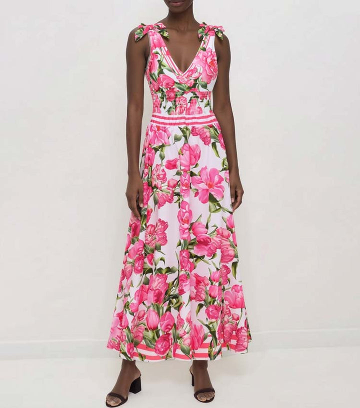 Tie Shoulder Shirring Flower Print One Piece Swimsuit and Skirt