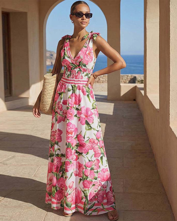 Tie Shoulder Shirring Flower Print One Piece Swimsuit and Skirt