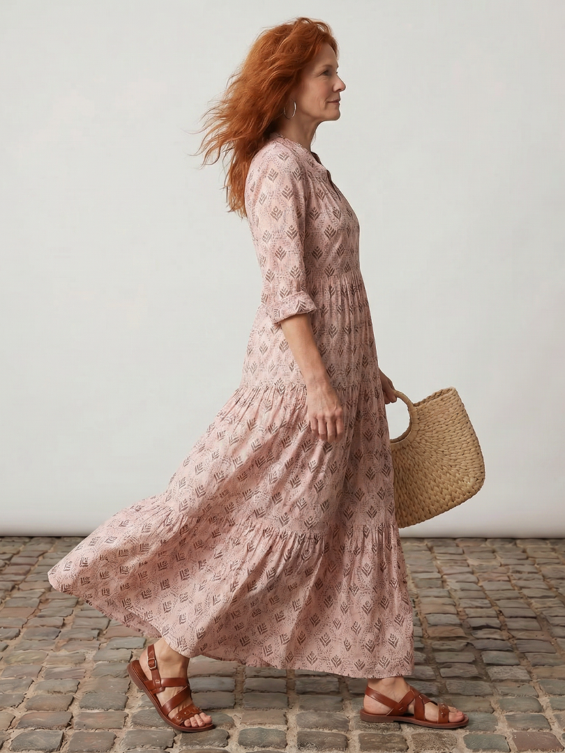 Junia | Notch Neck Printed Long Sleeve Maxi Dress