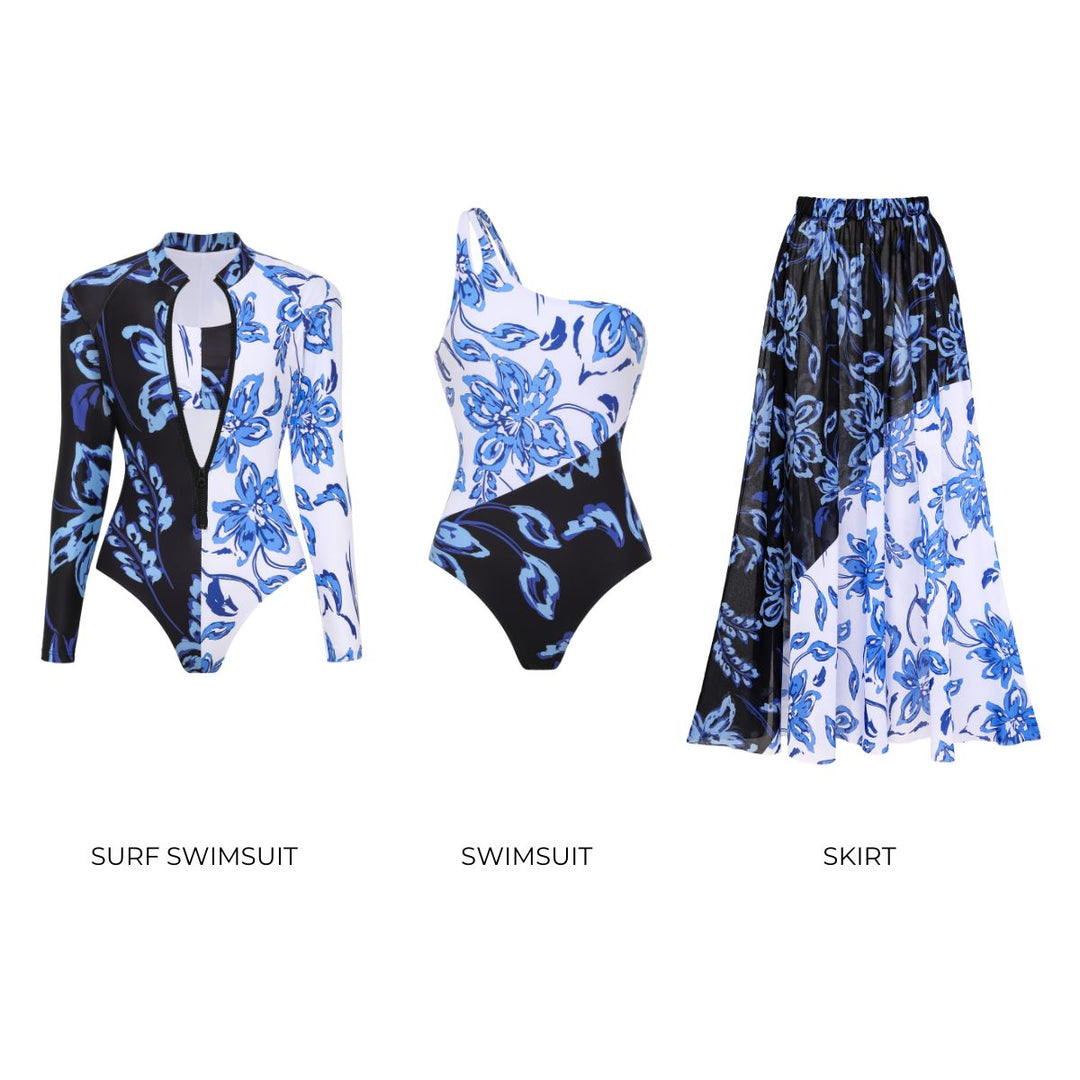 Color Block Printed Long Sleeve One Piece Surf Swimsuit and Skirt