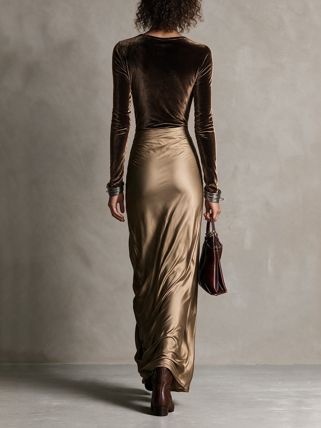 Retro Brown Two‑Tone Velvet Satin Slit Maxi Dress