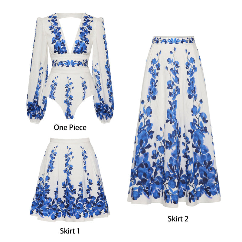 Printed Long-sleeved One Piece Swimsuit and Skirt