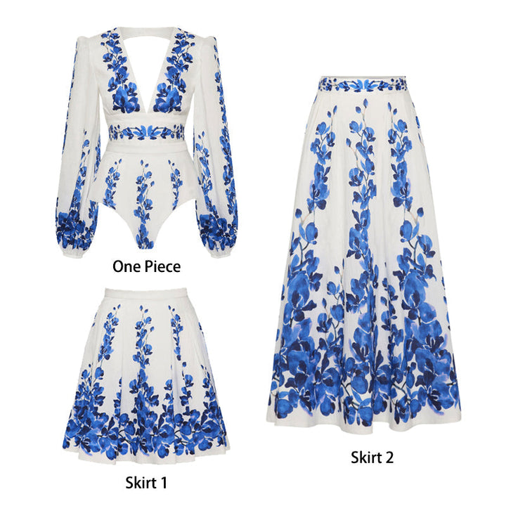 Printed Long-sleeved One Piece Swimsuit and Skirt