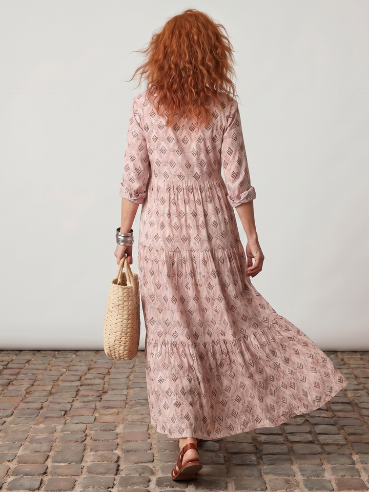 Junia | Notch Neck Printed Long Sleeve Maxi Dress