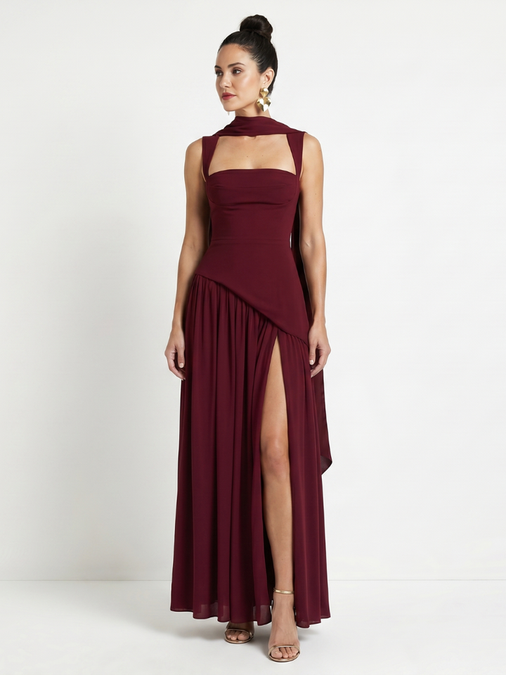 Bindi | Cutout Neck Pleated Slit Maxi Dress
