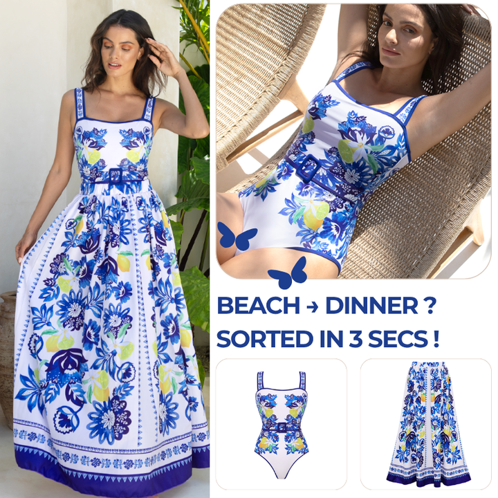 Sling Lemon and Creative Pattern Print One Piece Swimsuit and Skirt