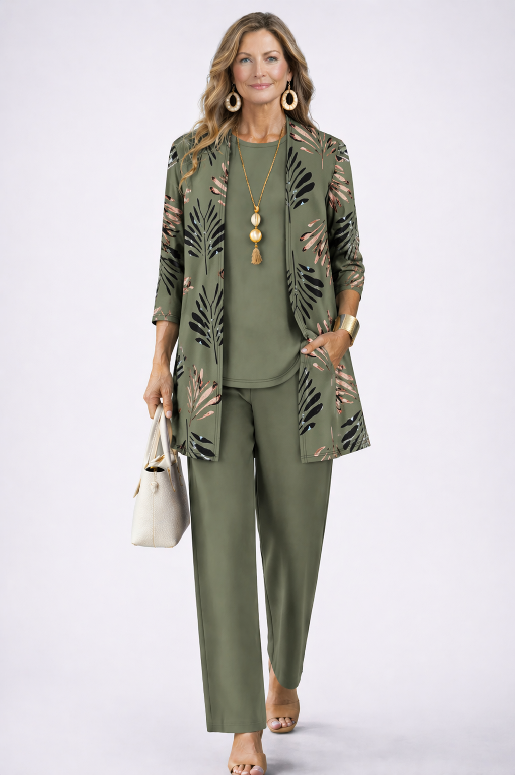 Iris | Three-Piece Cardigan, Top and Printed Trouser Set