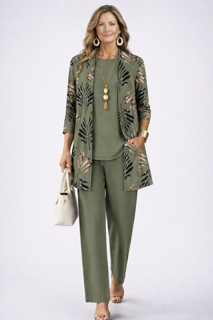 Iris | Three-Piece Cardigan, Top and Printed Trouser Set