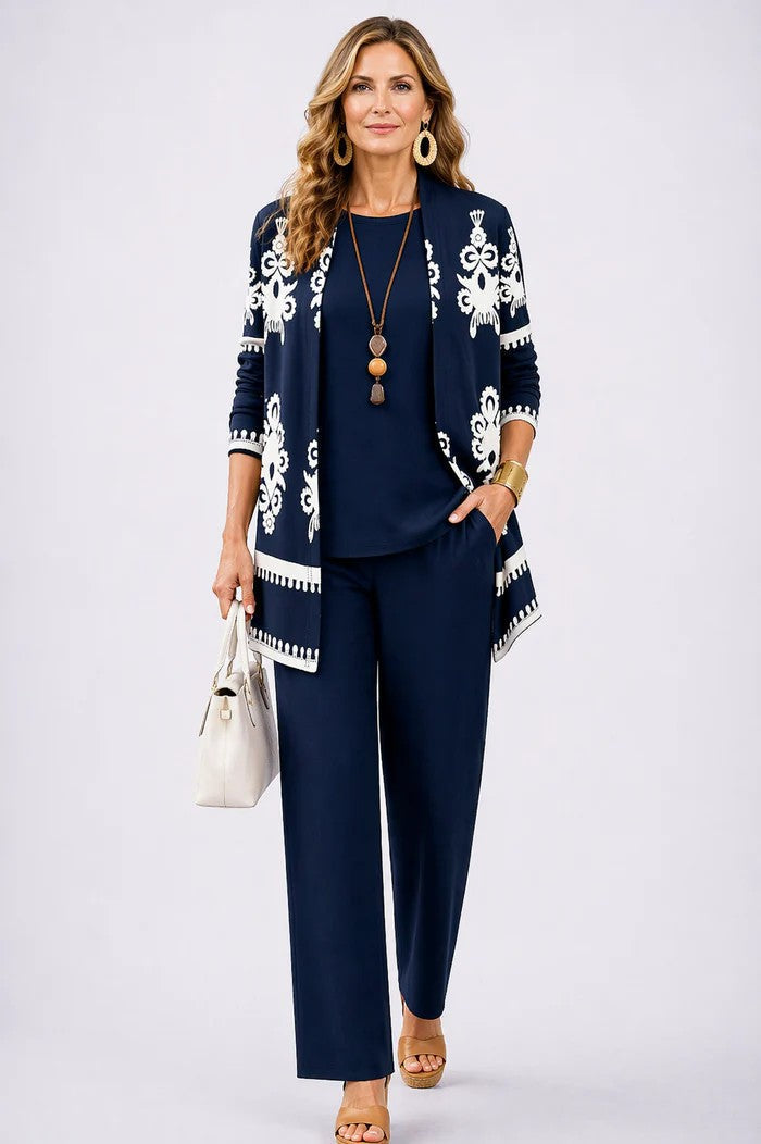 Margaret | Three-Piece Co-ord Set with Longline Cardigan and Printed Trousers