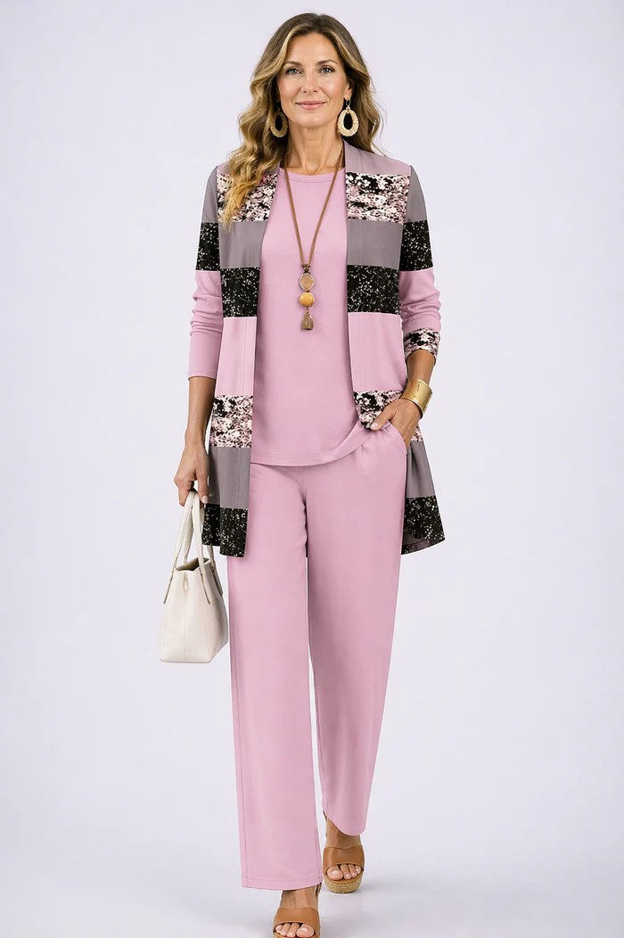 Margaret | Three-Piece Co-ord Set with Longline Cardigan and Printed Trousers