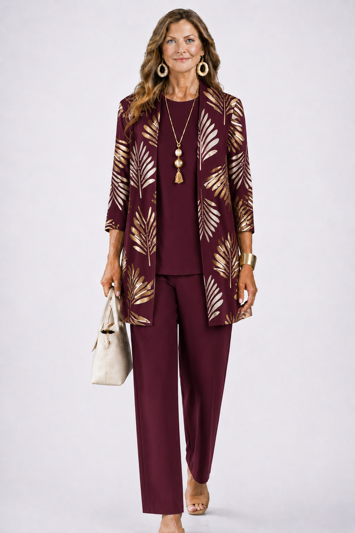 Iris | Three-Piece Cardigan, Top and Printed Trouser Set