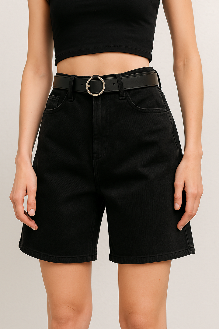 Blue High-Waist Frayed Hem Cotton Denim Shorts