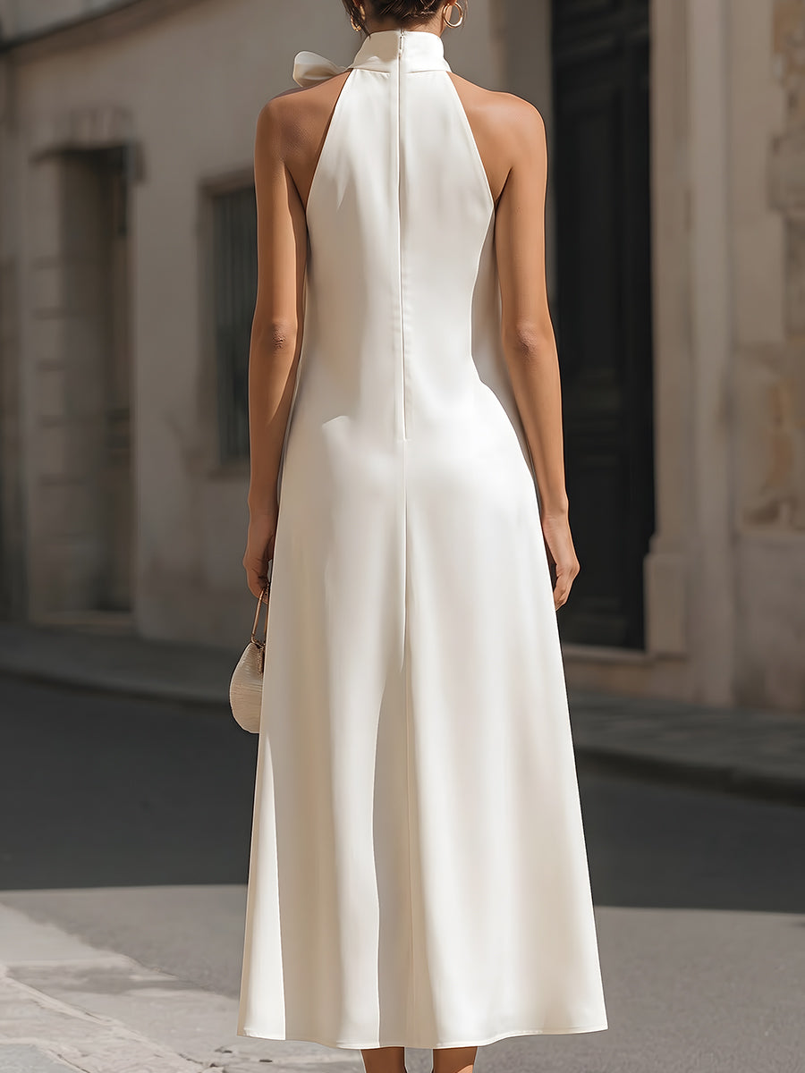 Elegant Ivory Satin Halter Maxi Dress