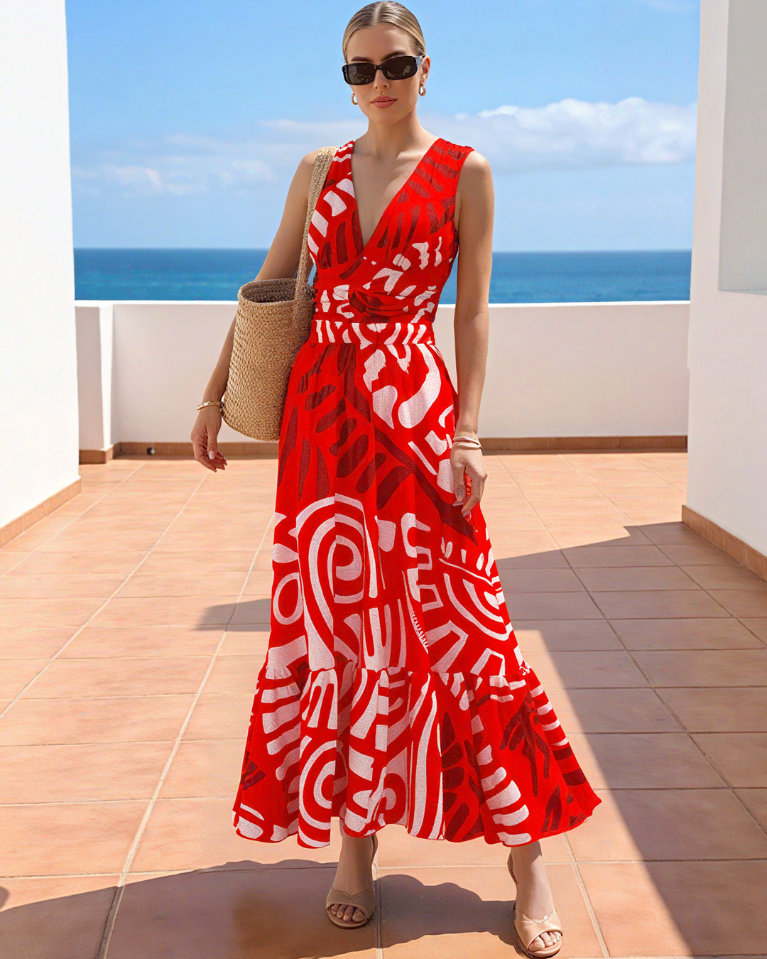V Neck Red Ring Decorate Printed Swimsuit Set(s)