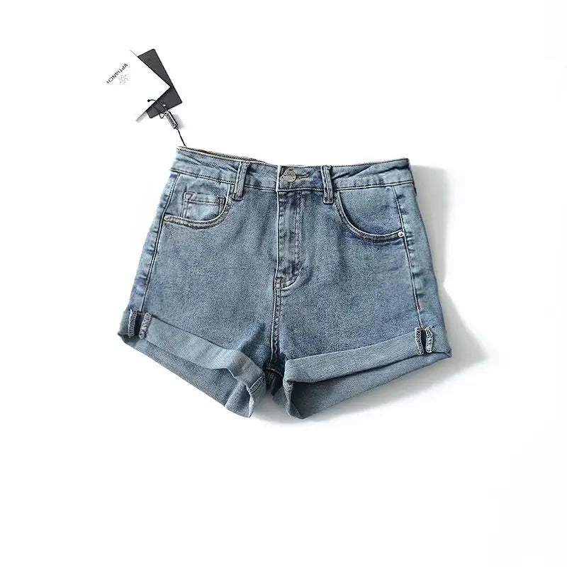 Blue Washed Cutoff Hem Denim Shorts