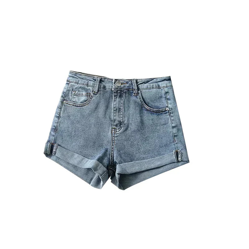 Blue Washed Cutoff Hem Denim Shorts