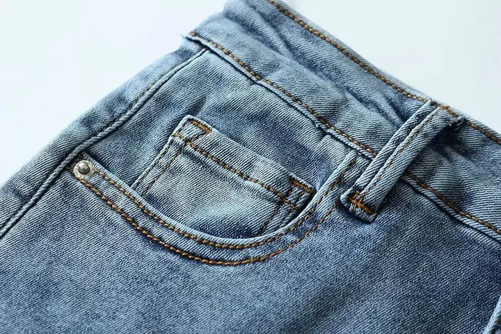 Blue Washed Cutoff Hem Denim Shorts