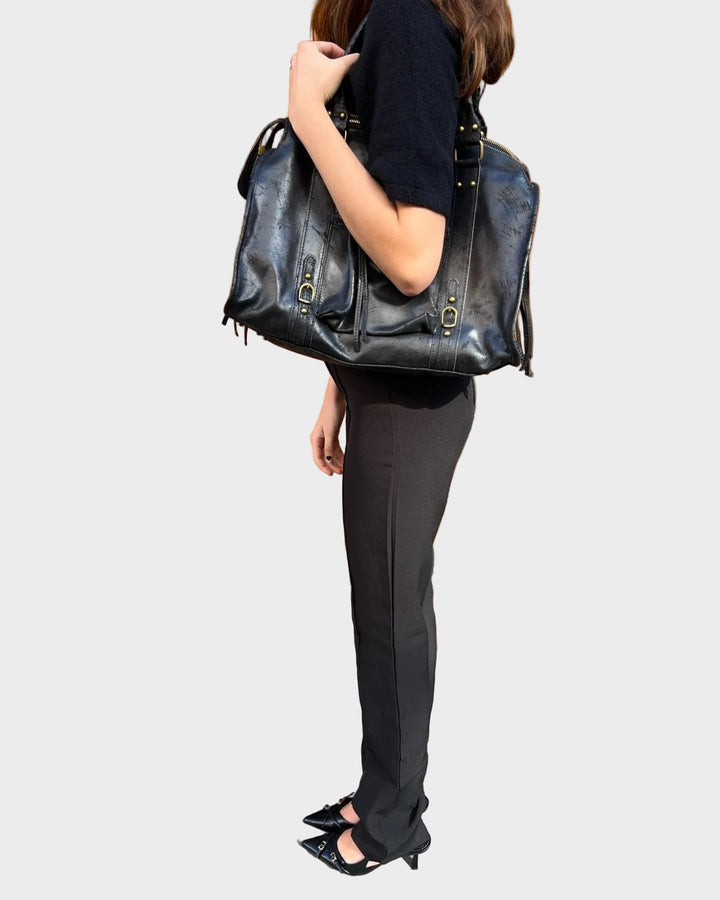 Roomy Black Shoulder Bag with Zip Top and Gold Hardware