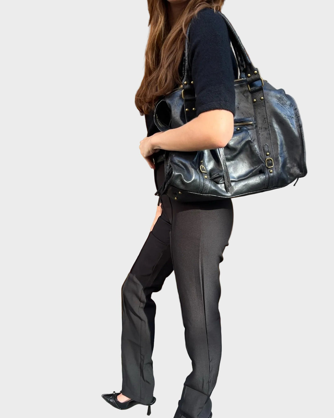 Large Black Shoulder Bag with Gold-Tone Zip Closure