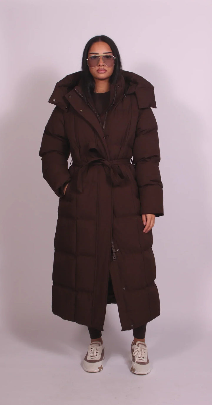 Quilted Long Coat with Tie Waist Belt