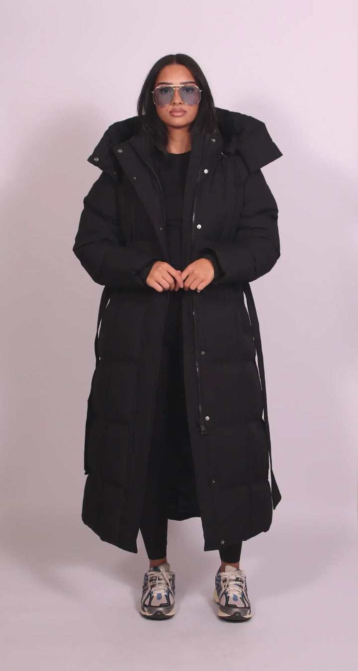 Quilted Long Coat with Tie Waist Belt
