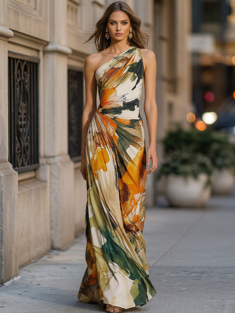 One-Shoulder Abstract Print Draped Maxi Dress