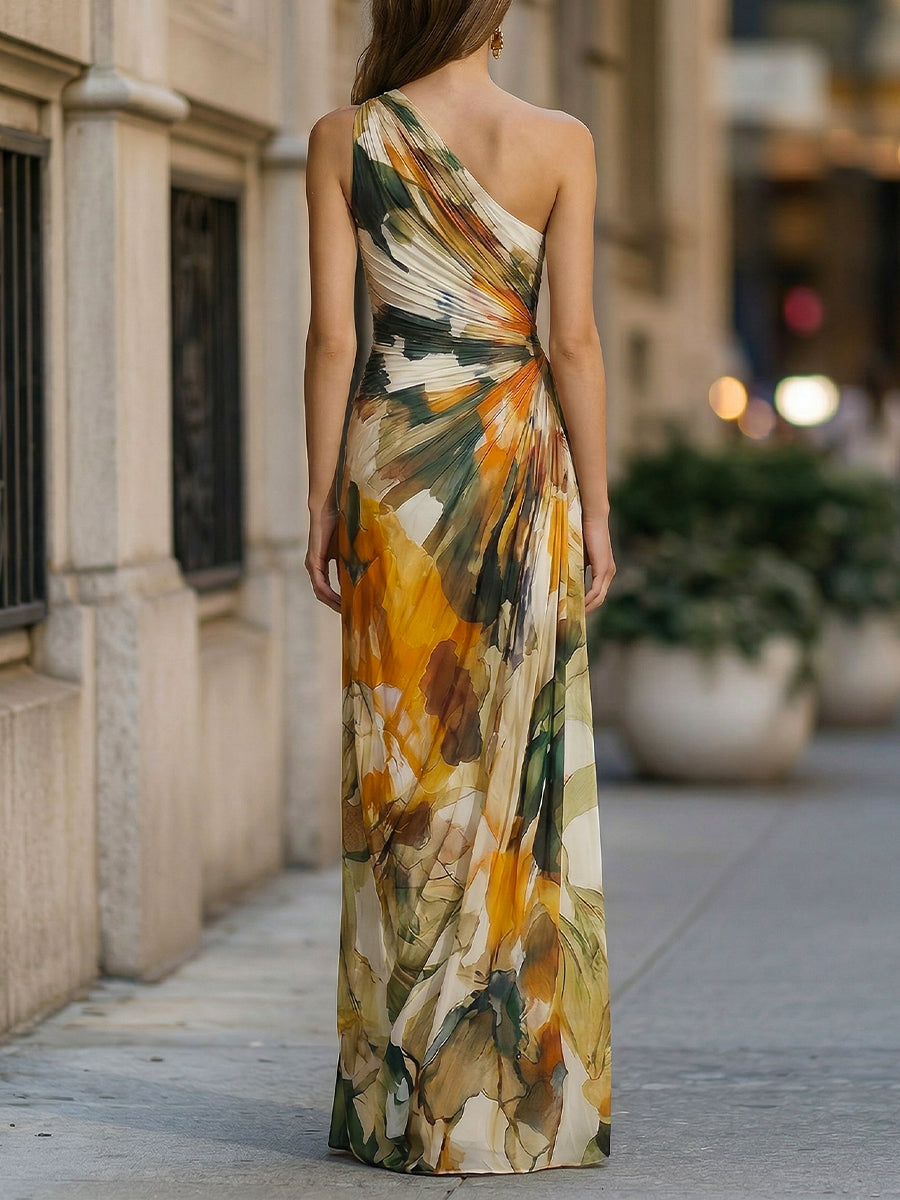 One-Shoulder Abstract Print Draped Maxi Dress