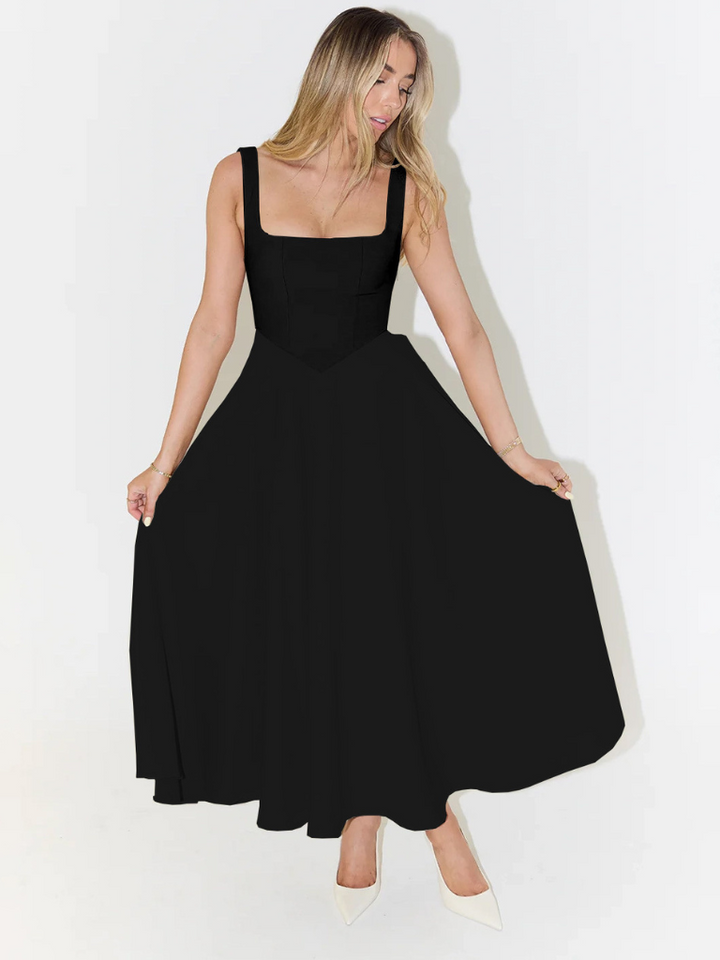 Elegant Midi Dress with Square Neckline - Timeless Flattering Cut