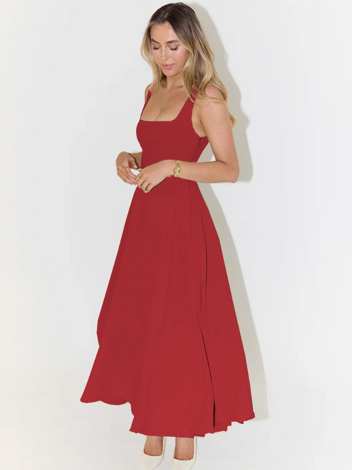 Elegant Midi Dress with Square Neckline - Timeless Flattering Cut