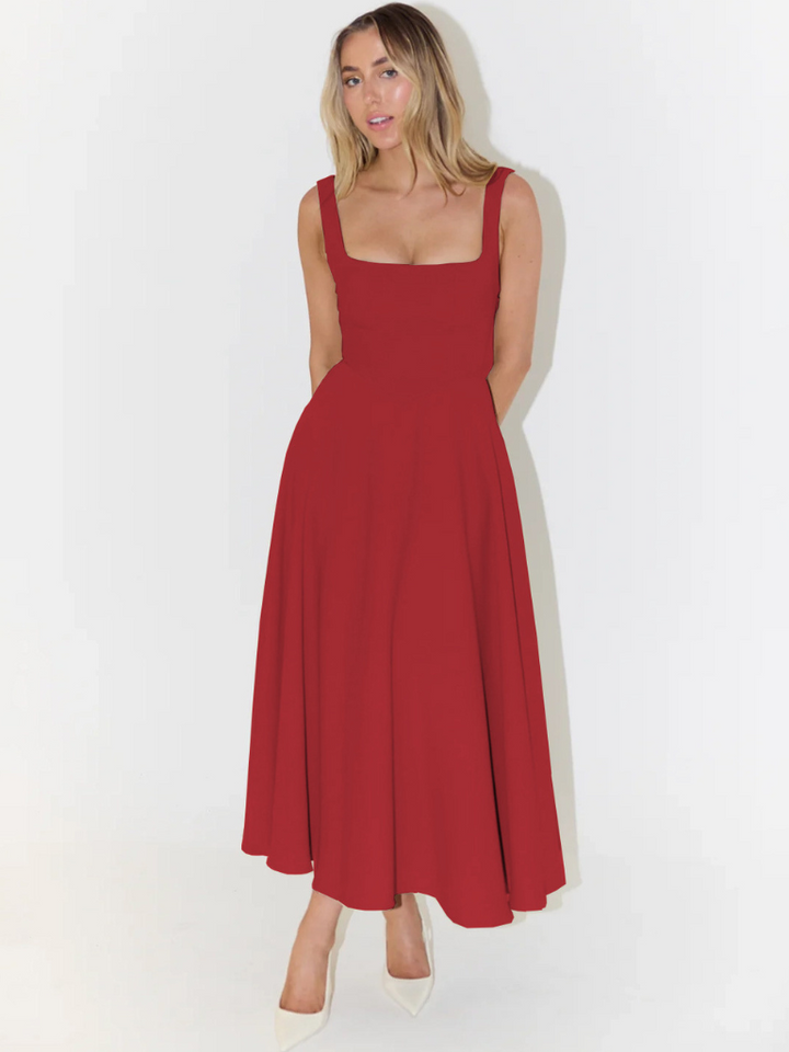 Elegant Midi Dress with Square Neckline - Timeless Flattering Cut