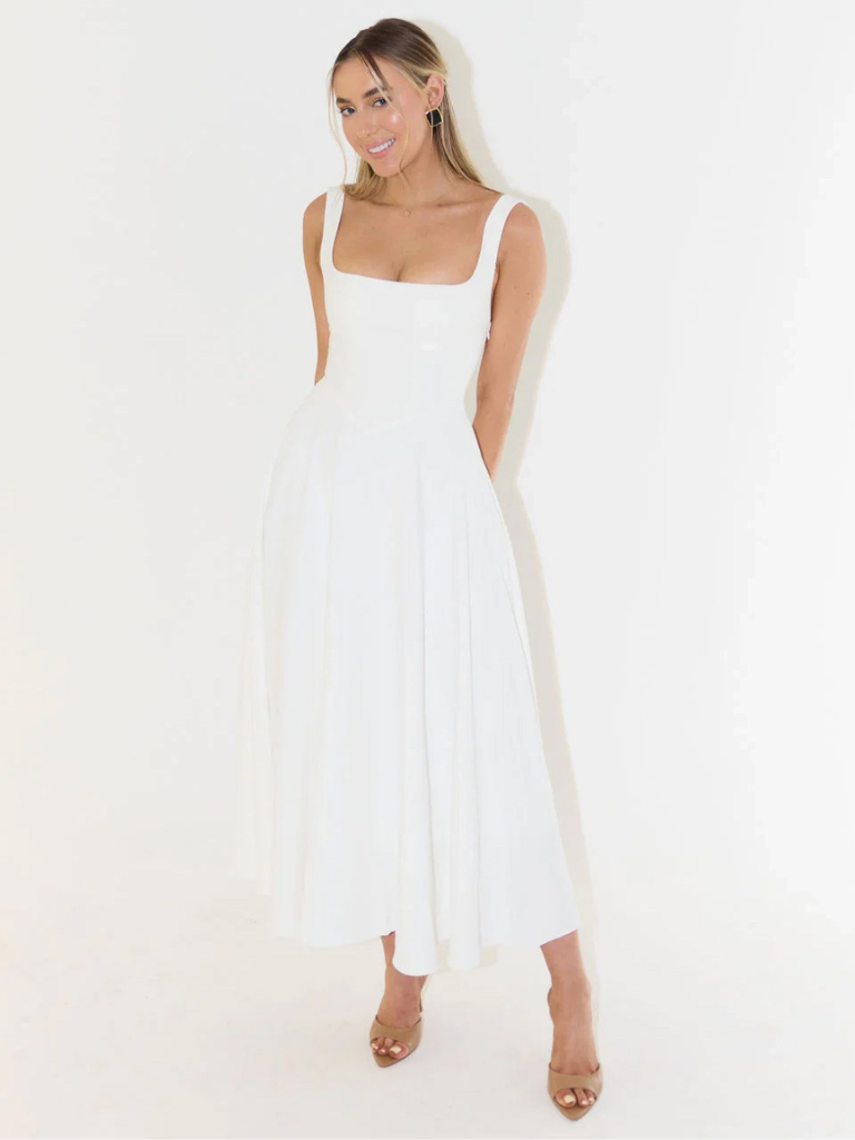 Elegant Midi Dress with Square Neckline - Timeless Flattering Cut