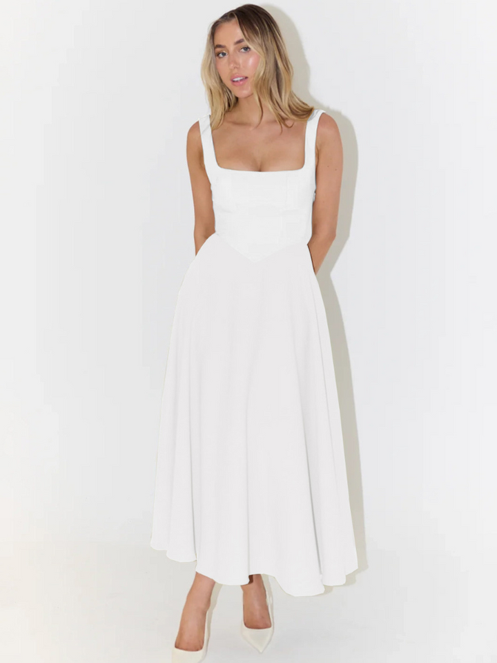 Elegant Midi Dress with Square Neckline - Timeless Flattering Cut