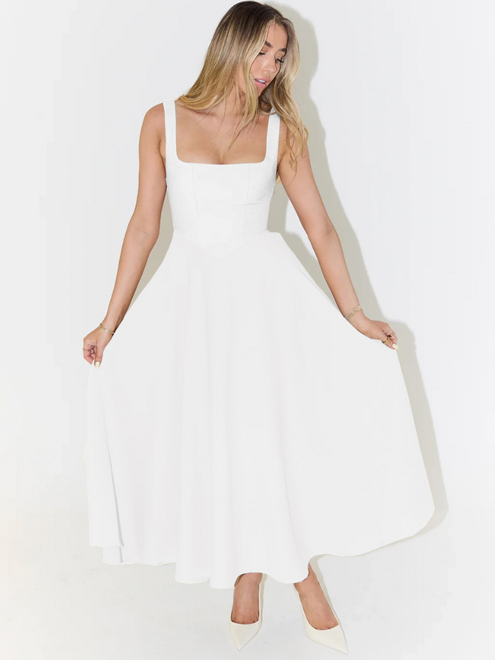 Elegant Midi Dress with Square Neckline - Timeless Flattering Cut