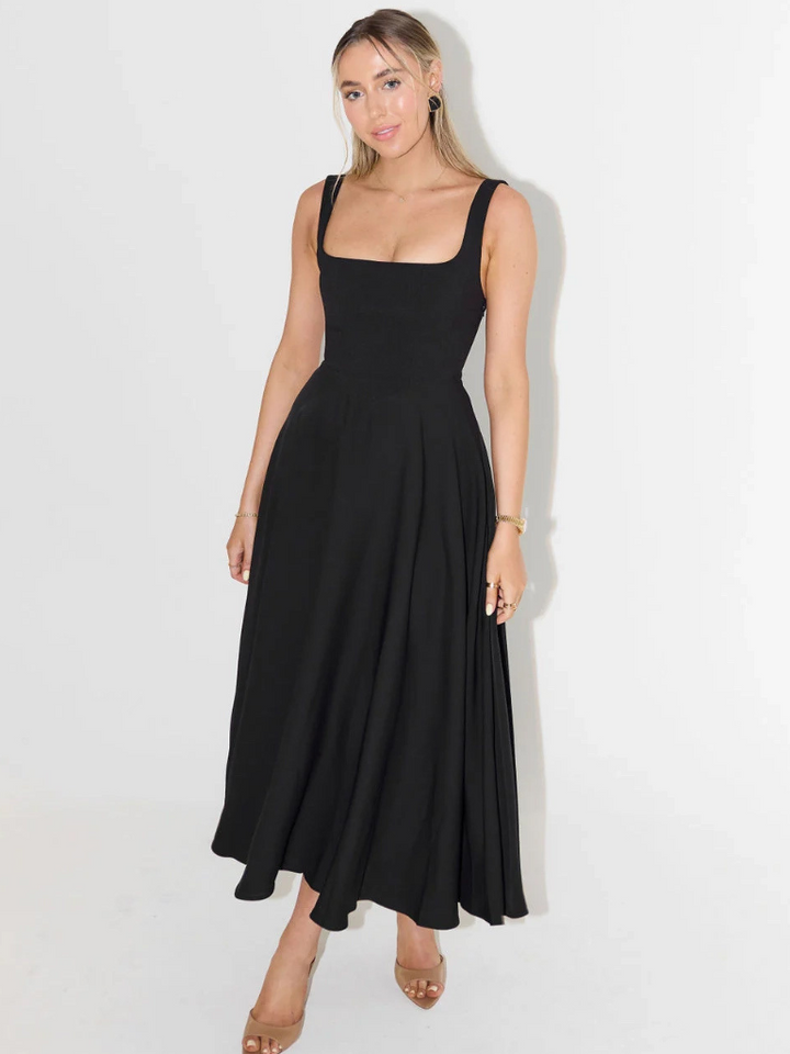 Elegant Midi Dress with Square Neckline - Timeless Flattering Cut