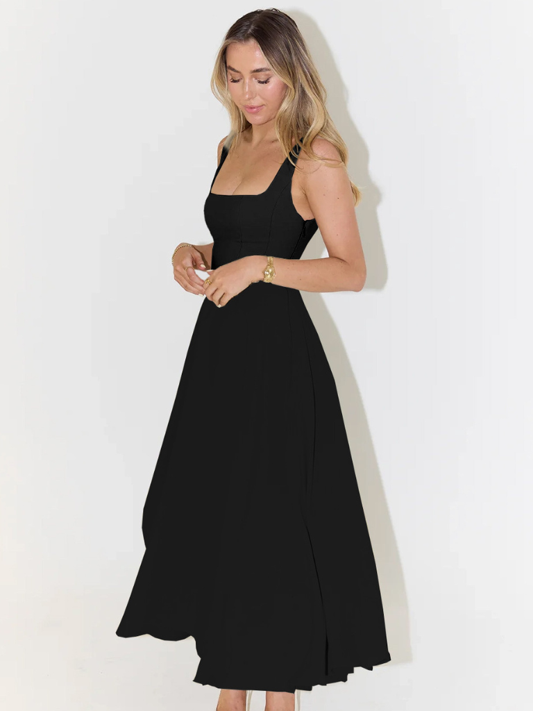 Elegant Midi Dress with Square Neckline - Timeless Flattering Cut