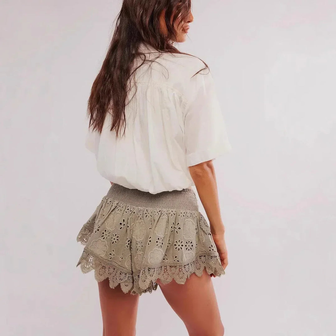 Ivory High-Waist Scalloped-Hem Lace Shorts